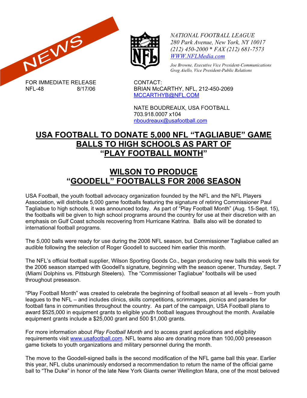 Usa Football to Donate 5,000 Nfl “Tagliabue” Game Balls to High Schools As Part of “Play Football Month”