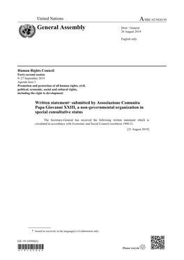 Written Statement* Submitted by Associazione Comunita Papa Giovanni XXIII, a Non-Governmental Organization in Special Consultative Status