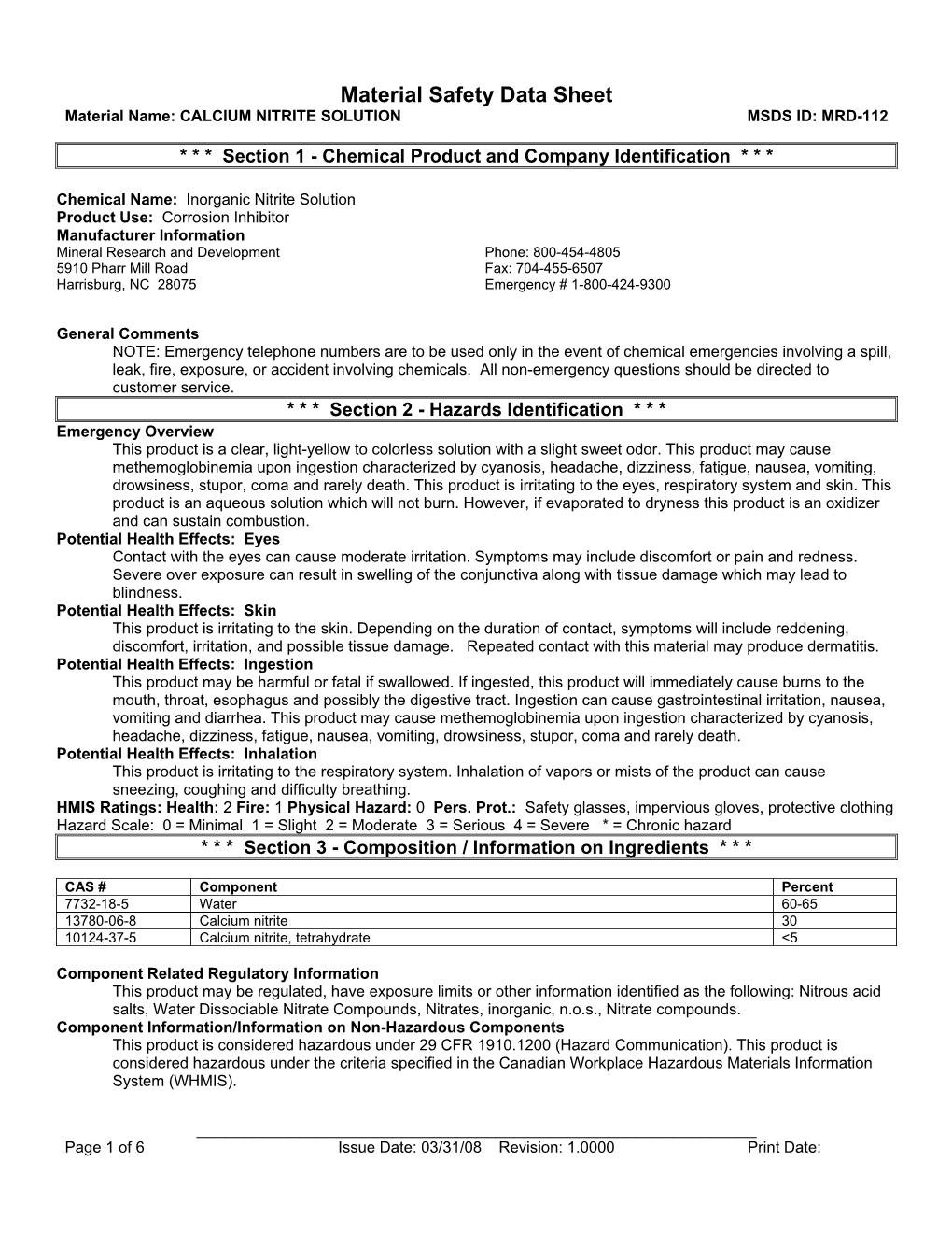 Calcium Nitrite Solution Msds Id: Mrd-112