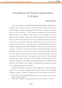 Orientalism in the Works of Japan Scholar R. H. Blyth