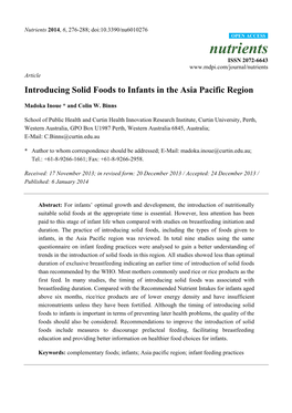 Introducing Solid Foods to Infants in the Asia Pacific Region