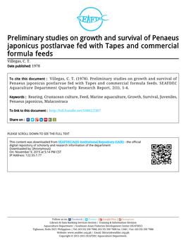 Preliminary Studies on Growth and Survival of Penaeus Japonicus Postlarvae Fed with Tapes and Commercial Formula Feeds Villegas, C