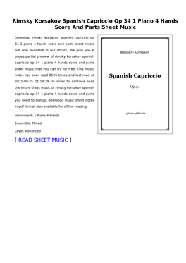 Rimsky Korsakov Spanish Capriccio Op 34 1 Piano 4 Hands Score and Parts Sheet Music