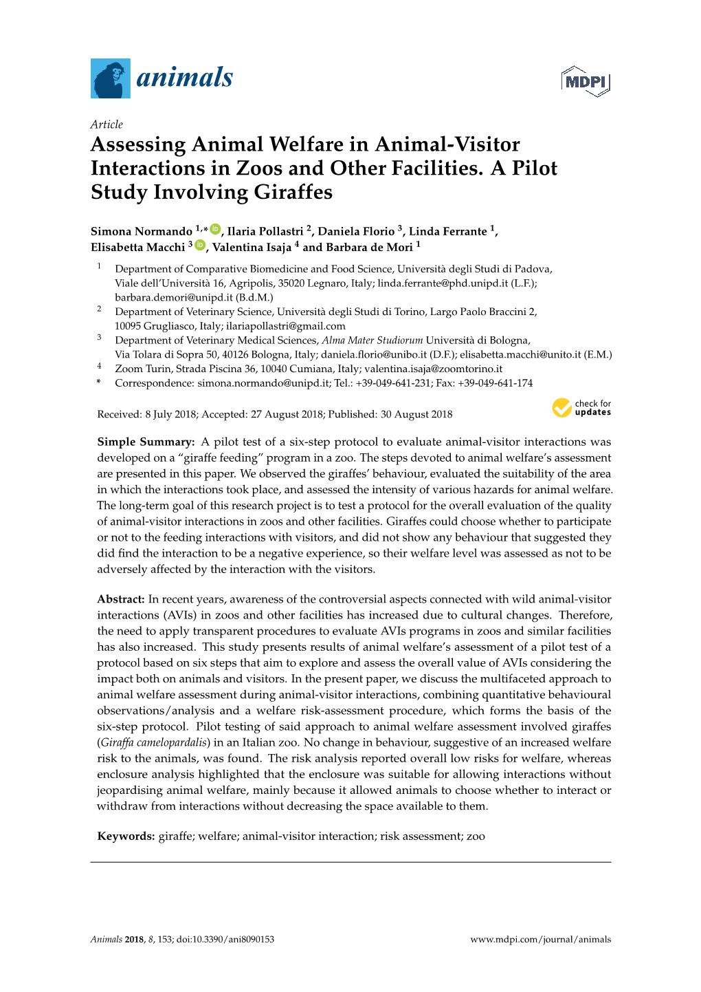 Assessing Animal Welfare in Animal-Visitor Interactions in Zoos and Other Facilities. a Pilot Study Involving Giraffes