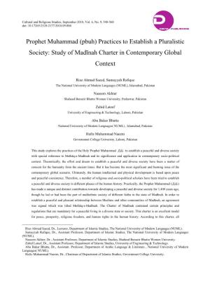 Prophet Muhammad (Pbuh) Practices to Establish a Pluralistic Society: Study of Madīnah Charter in Contemporary Global Context