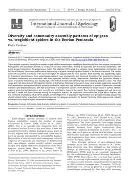 Diversity and Community Assembly Patterns of Epigean Vs. Troglobiont Spiders in the Iberian Peninsula Pedro Cardoso1