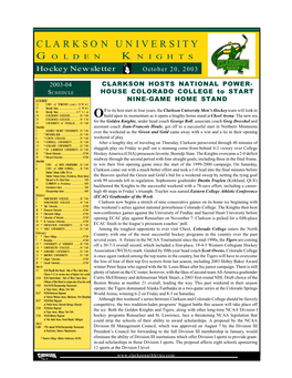 CLARKSON UNIVERSITY G OLDEN KNIGHTS Hockey Newsletter October 20, 2003