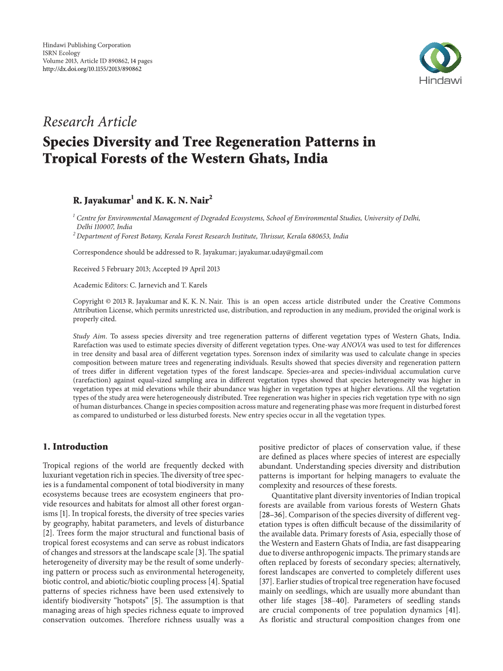 Species Diversity and Tree Regeneration Patterns in Tropical Forests of the Western Ghats, India