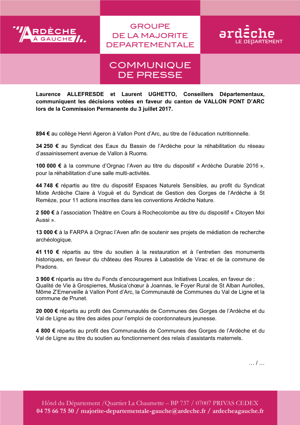 Laurence ALLEFRESDE Et Laurent UGHETTO, Conseillers Départementaux, Communiquent Les Décisions Votées En Faveur Du Canton De