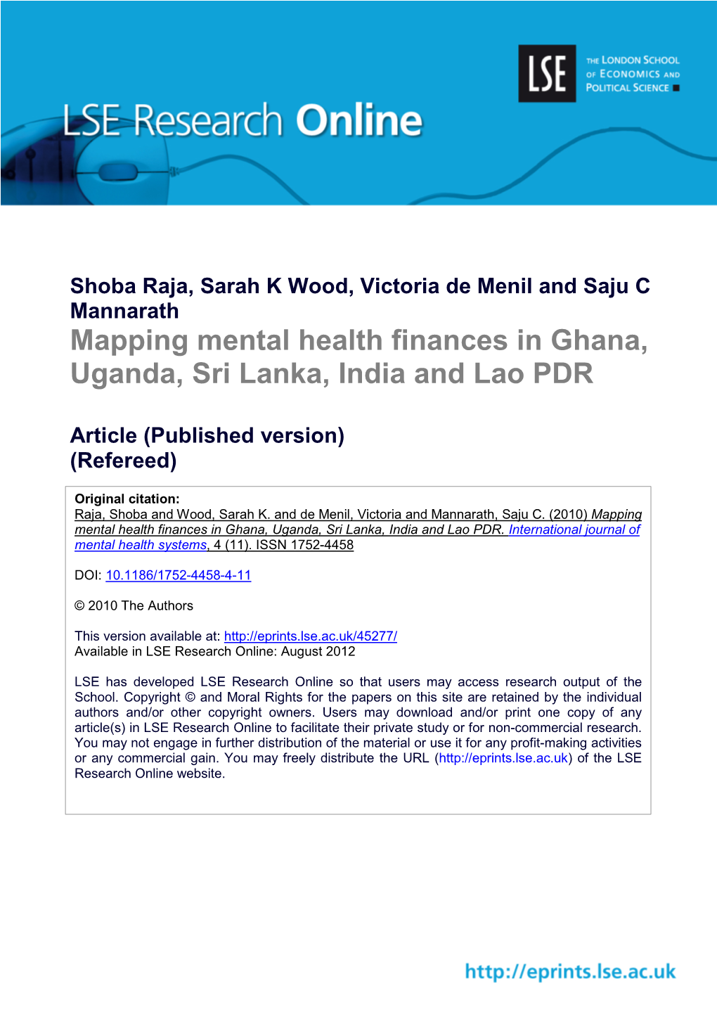 Mapping Mental Health Finances in Ghana, Uganda, Sri Lanka, India and Lao PDR