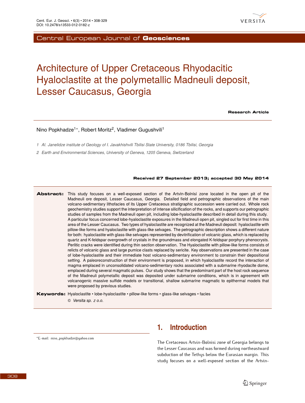 Architecture of Upper Cretaceous Rhyodacitic Hyaloclastite at the Polymetallic Madneuli Deposit, Lesser Caucasus, Georgia