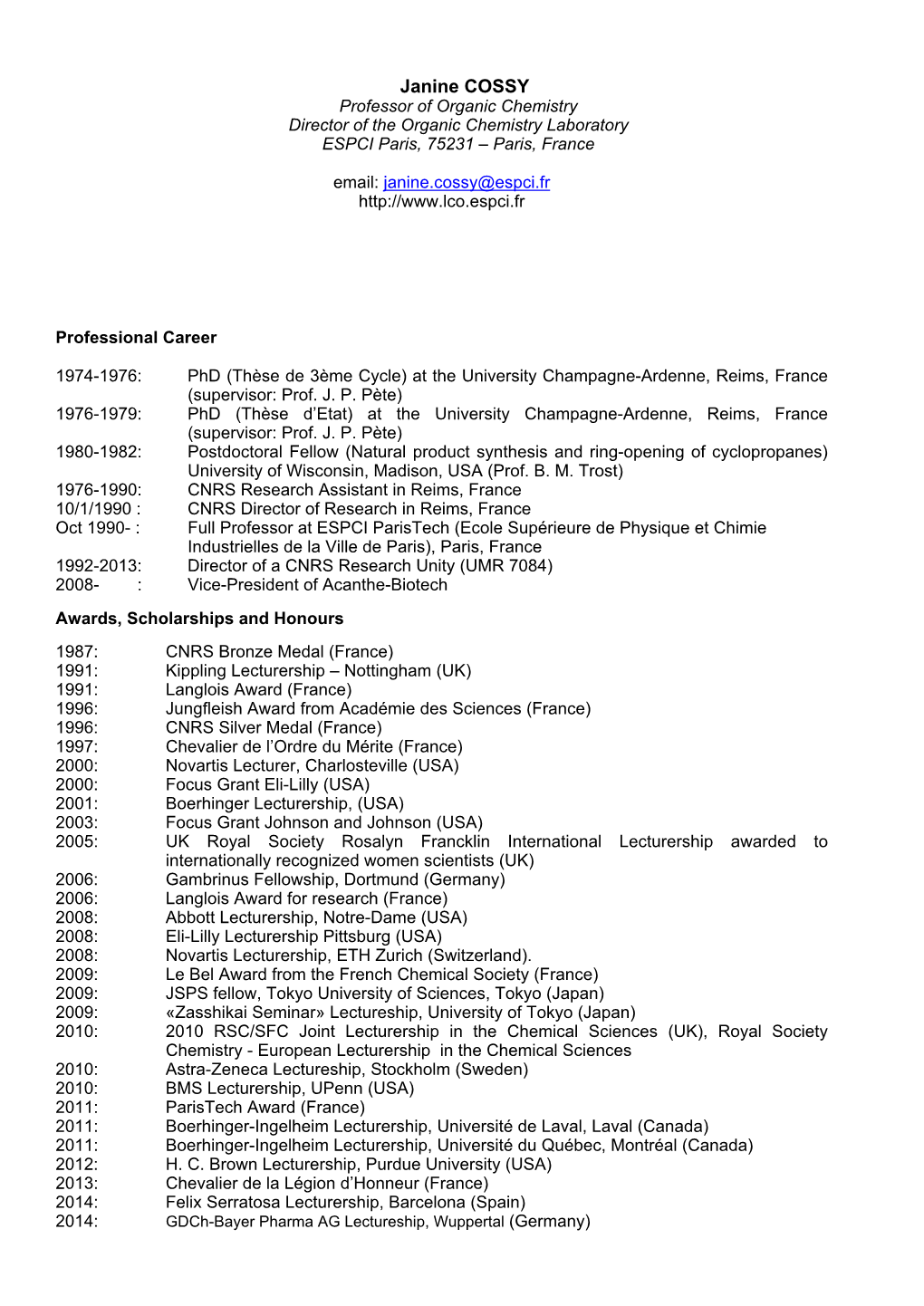 CV of Janine Cossy, Member of the French Académie Des Sciences