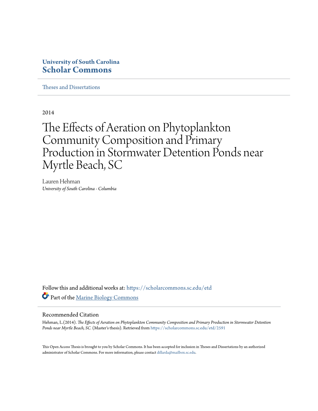 The Effects of Aeration on Phytoplankton Community Composition and Primary Production in Stormwater Detention Ponds Near Myrtle Beach, SC