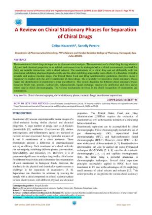 A Review on Chiral Stationary Phases for Separation of Chiral Drugs