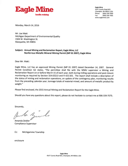 Eagle Mine 2015 Mine Permit Groundwater Monitoring Benchmark Comparison Summary