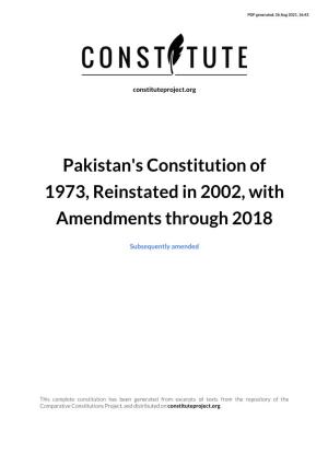 Pakistan's Constitution of 1973, Reinstated in 2002, with Amendments Through 2018