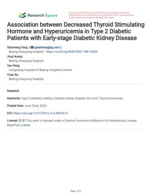 Association Between Decreased Thyroid Stimulating Hormone and Hyperuricemia in Type 2 Diabetic Patients with Early-Stage Diabetic Kidney Disease