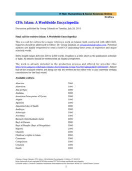 CFS: Islam: a Worldwide Encyclopedia