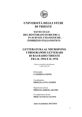 Letteratura Al Microfono. I Programmi Letterari Di Rai Radio Trieste Fra Il 1954 E Il 1976