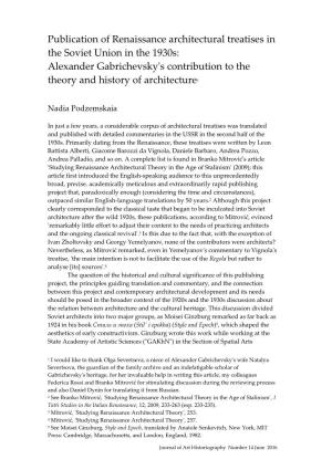 Publication of Renaissance Architectural Treatises in the Soviet Union in the 1930S: Alexander Gabrichevsky's Contribution to the Theory and History of Architecture1