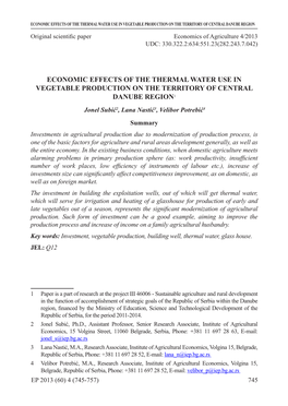 Economic Effects of the Thermal Water Use in Vegetable Production on the Territory of Central Danube Region1