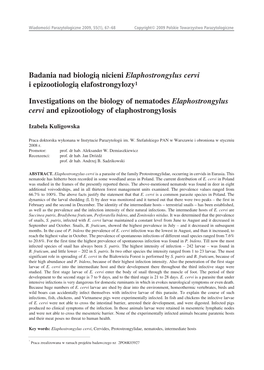 Badania Nad Biologią Nicieni Elaphostrongylus Cervi I Epizootiologią Elafostrongylozy 1