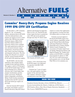 Cummins' Heavy-Duty Propane Engine Received 1999 EPA CFFV LEV Certification