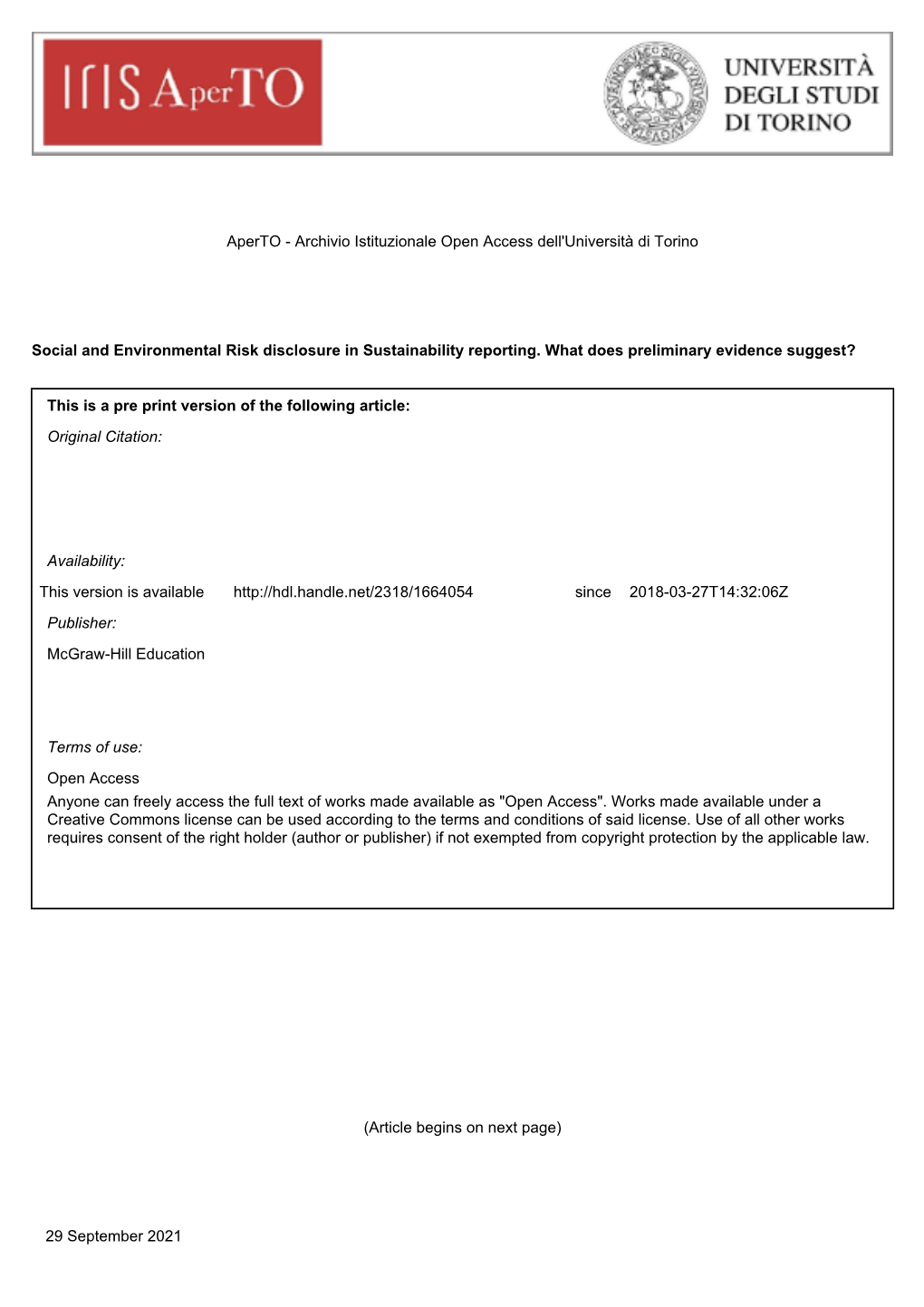 Social and Environmental Risk Disclosure in Sustainability Reporting