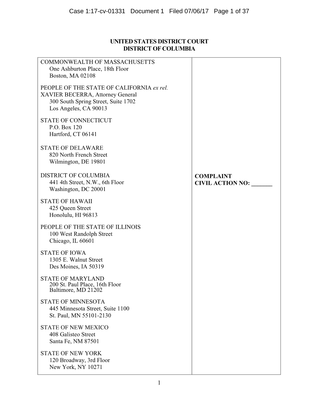 COMPLAINT 441 4Th Street, N.W., 6Th Floor CIVIL ACTION NO: ______Washington, DC 20001