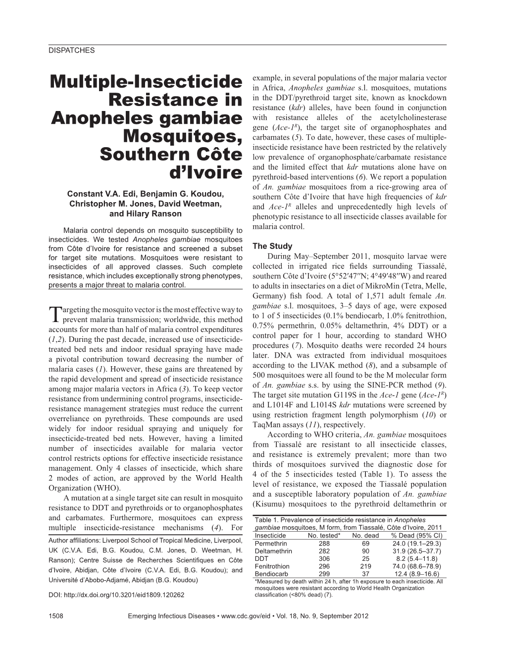 Multiple-Insecticide Resistance in Anopheles Gambiae Mosquitoes, Southern Côte D'ivoire