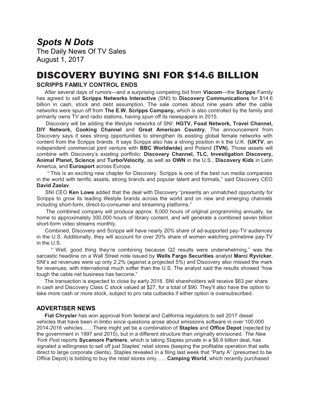 Discovery Buying Sni for $14.6 Billion