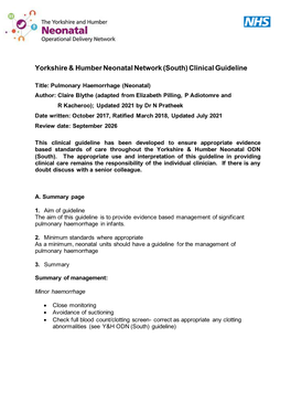 Yorkshire & Humber Neonatal Network (South) Clinical Guideline