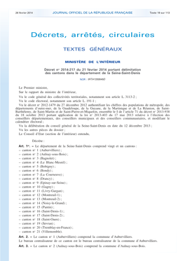 Décret No 2014-217 Du 21 Février 2014 Portant Délimitation Des Cantons Dans Le Département De La Seine-Saint-Denis