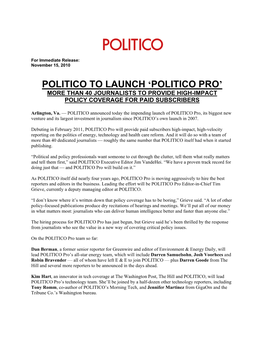 Politico to Launch 'Politico Pro'