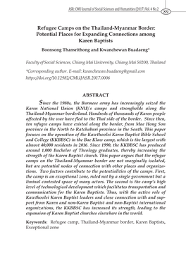 Refugee Camps on the Thailand-Myanmar Border: Potential Places for Expanding Connections Among Karen Baptists Boonsong Thansrithong and Kwanchewan Buadaeng*