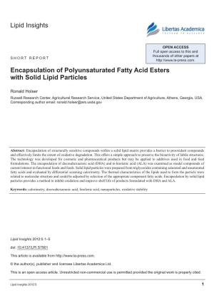 Lipid Insights Encapsulation of Polyunsaturated Fatty Acid Esters with Solid Lipid Particles