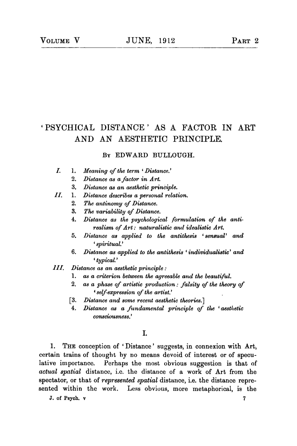 Psychical Distance As a Factor in Art and An