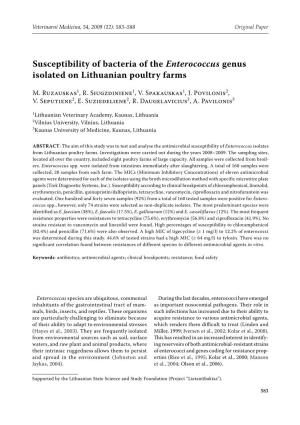 Susceptibility of Bacteria of the Enterococcus Genus Isolated on Lithuanian Poultry Farms
