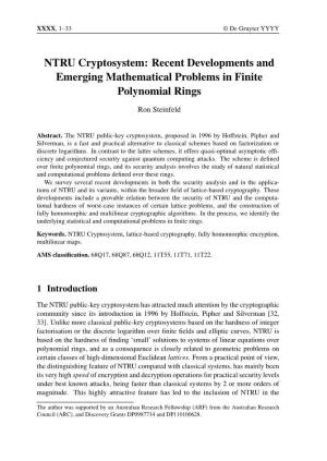 NTRU Cryptosystem: Recent Developments and Emerging Mathematical Problems in Finite Polynomial Rings