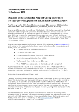 Ryanair and Manchester Airport Group Announce 10-Year Growth Agreement at London Stansted Airport