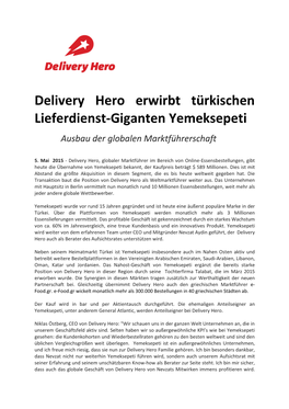 Delivery Hero Erwirbt Türkischen Lieferdienst-Giganten Yemeksepeti