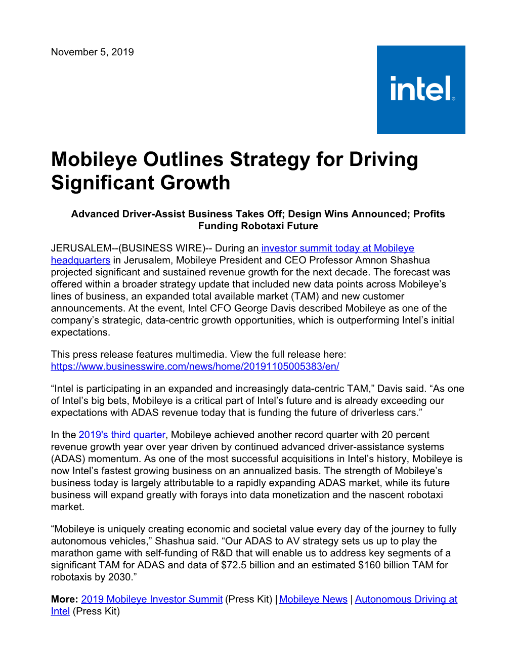 Mobileye Outlines Strategy for Driving Significant Growth