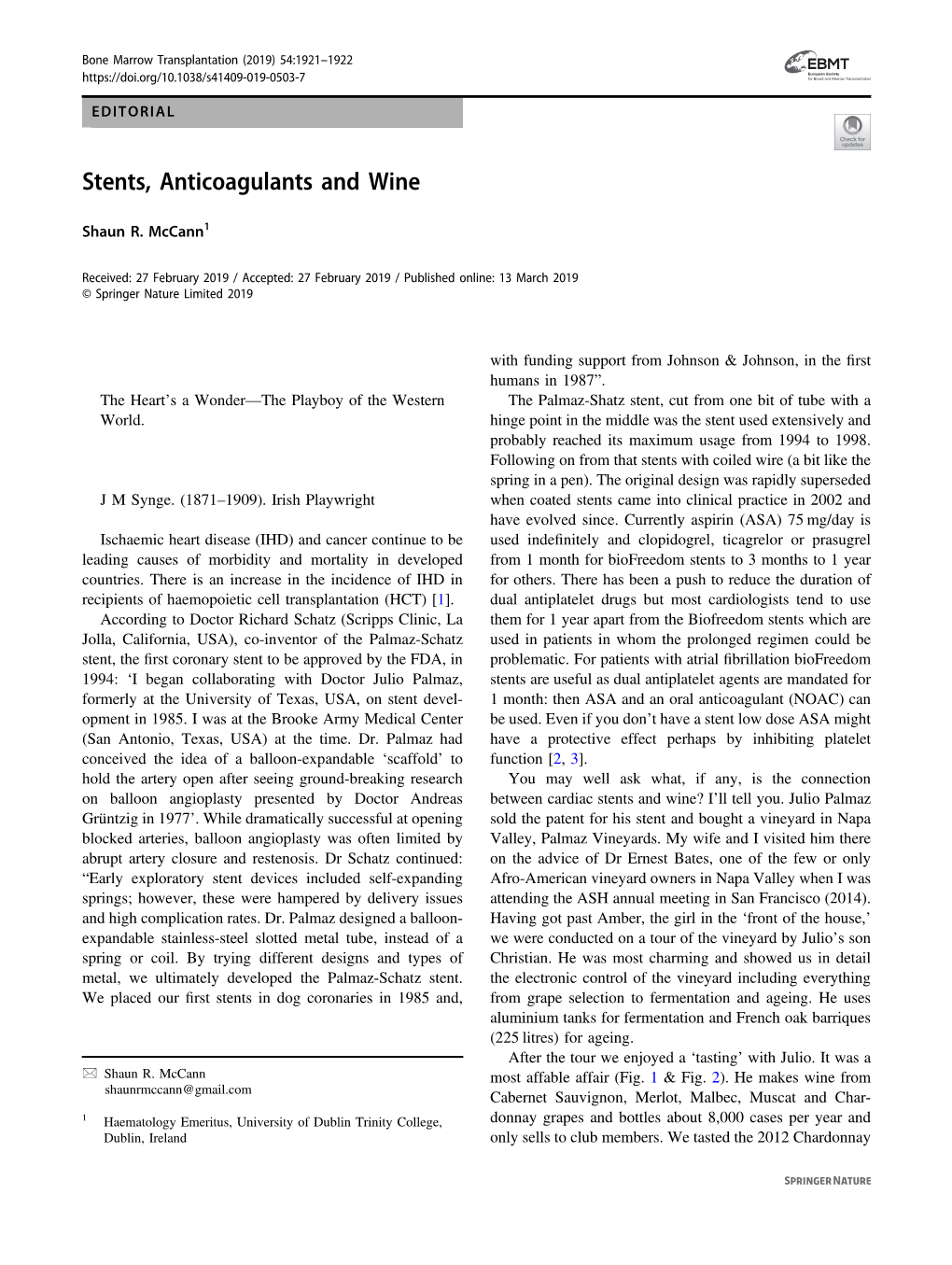 Stents, Anticoagulants and Wine