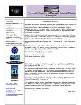The Monthly Newsletter of the Magic Valley Astronomical Society February 2012