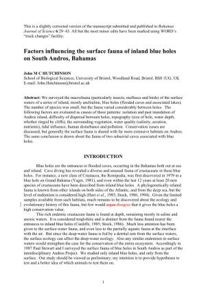 Factors Influencing the Surface Fauna of Inland Blue Holes on South Andros, Bahamas