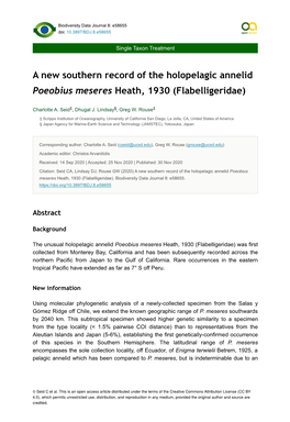 A New Southern Record of the Holopelagic Annelid Poeobius Meseres Heath, 1930 (Flabelligeridae)