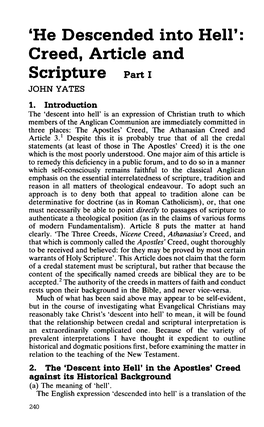 'He Descended Into Hell': Creed, Article and Scripture Part 1 JOHN YATES 1