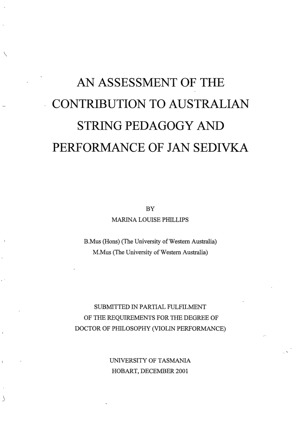 An Assessment of the Contribution to Australian String Pedagogy and Performance of Jan Sedivka