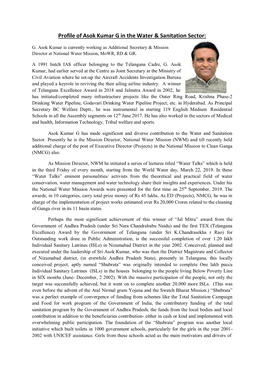 Profile of Asok Kumar G in the Water & Sanitation Sector