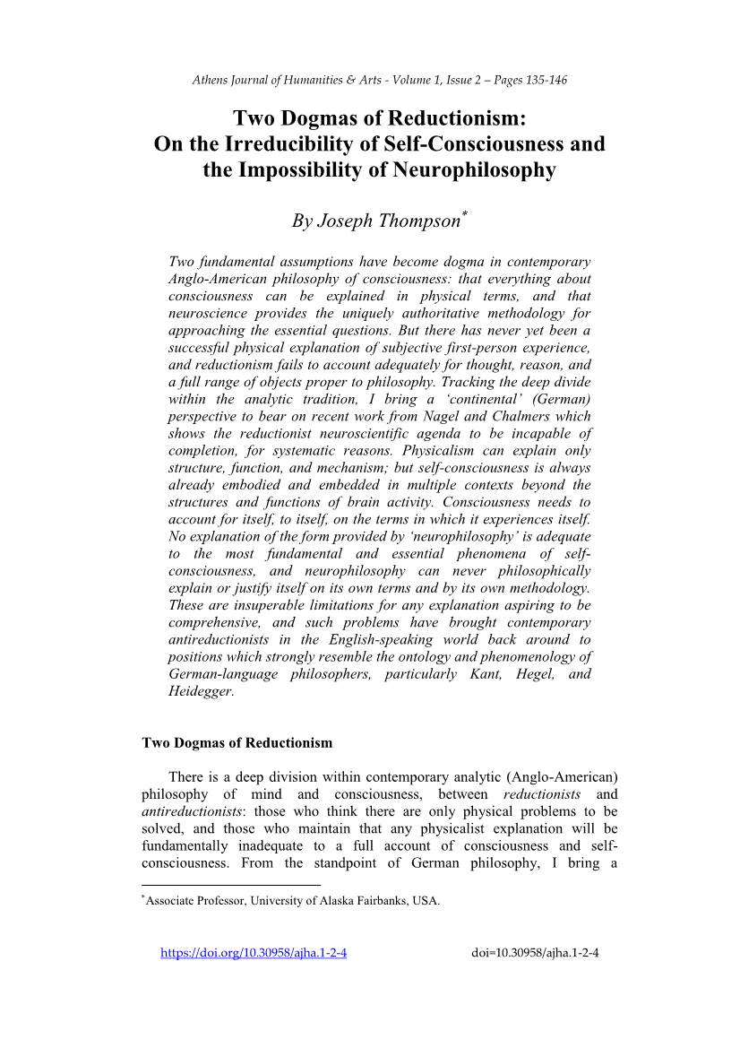 Two Dogmas of Reductionism: on the Irreducibility of Self-Consciousness and the Impossibility of Neurophilosophy